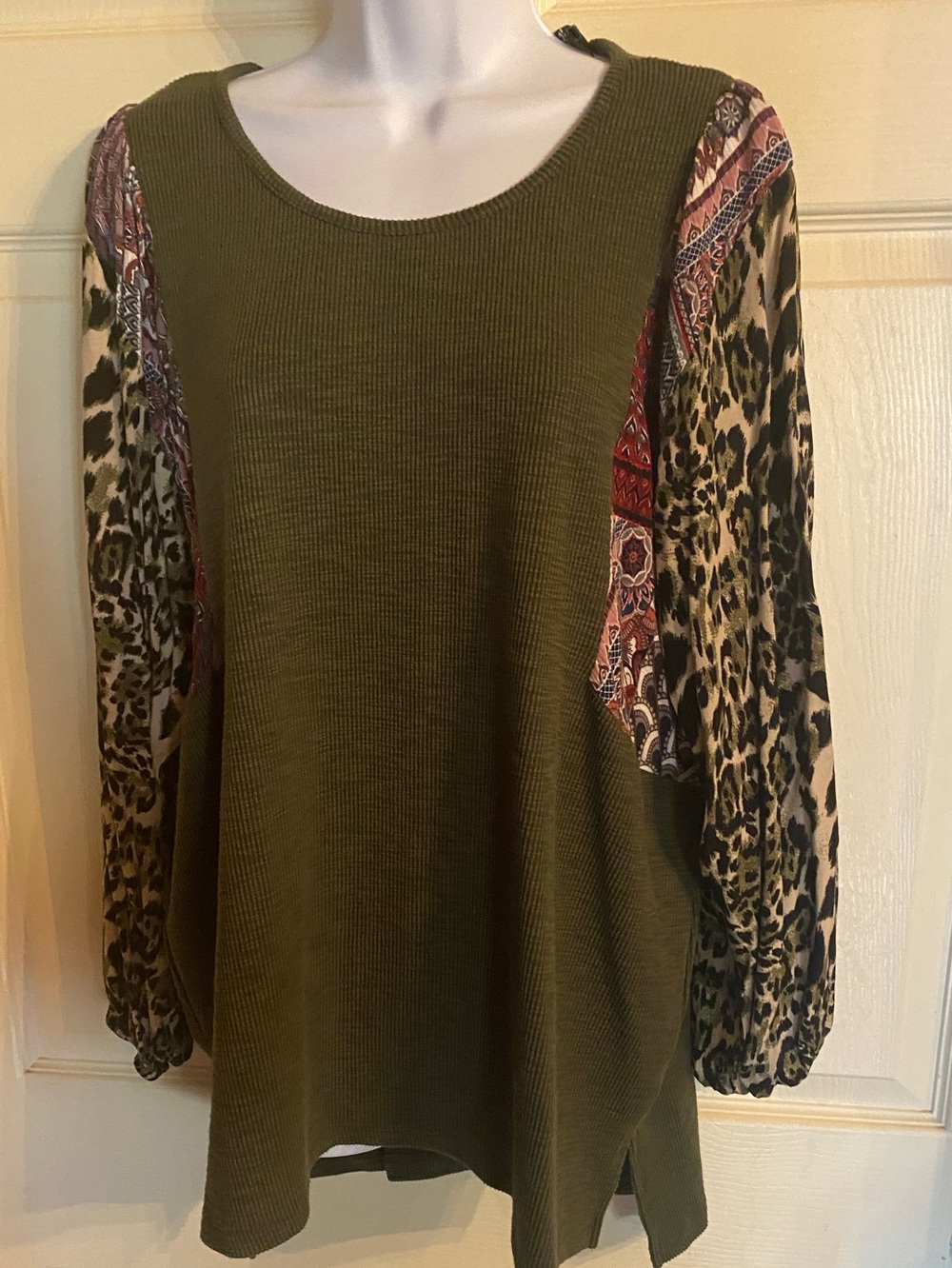 Olive Green Mixed-Print Women's Top with Leopard Sleeve Panels large
